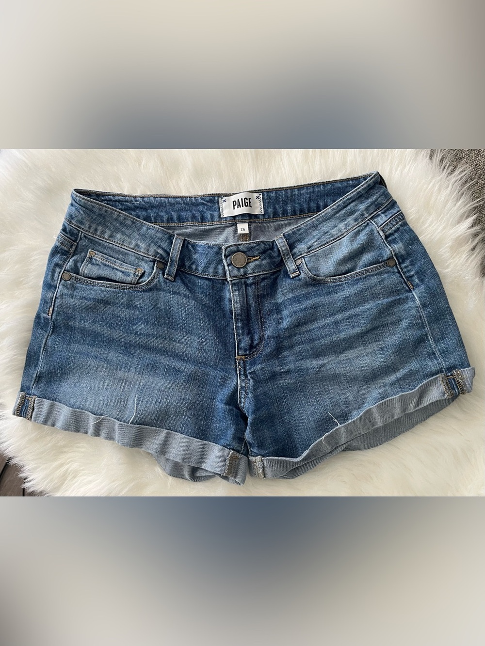 PAIGE Blue Washed Denim Rolled-Hem Shorts